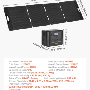 Portable Power Station With 200W Solar Panel, 1200W Solar Generator Power Station, 806Wh LiFePO4 Battery Backup With 9 Output Ports For Home Emergency, Outdoor Camping, RV Travel